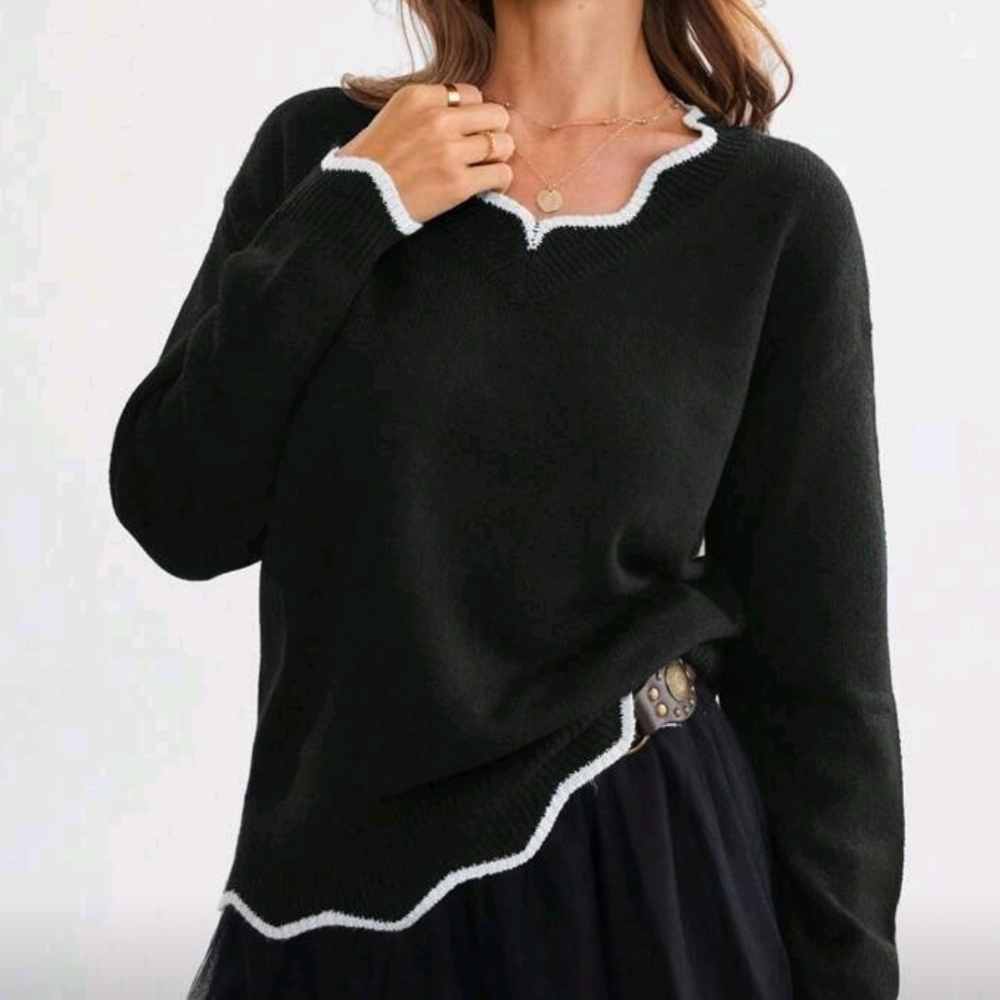 Women's Black Sweater with White Trim